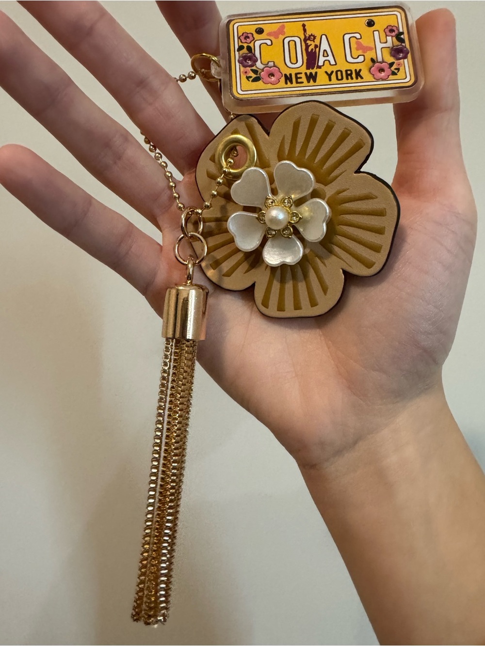 Coach large tan tea rose flower charm, tassel, customized yellow floral licens